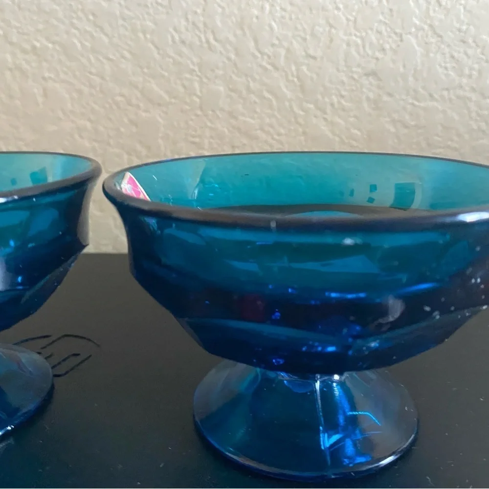 3 Viking Glass Bluenique Georgian Thumbprint Footed Blue Glass Dessert MCM Bowls